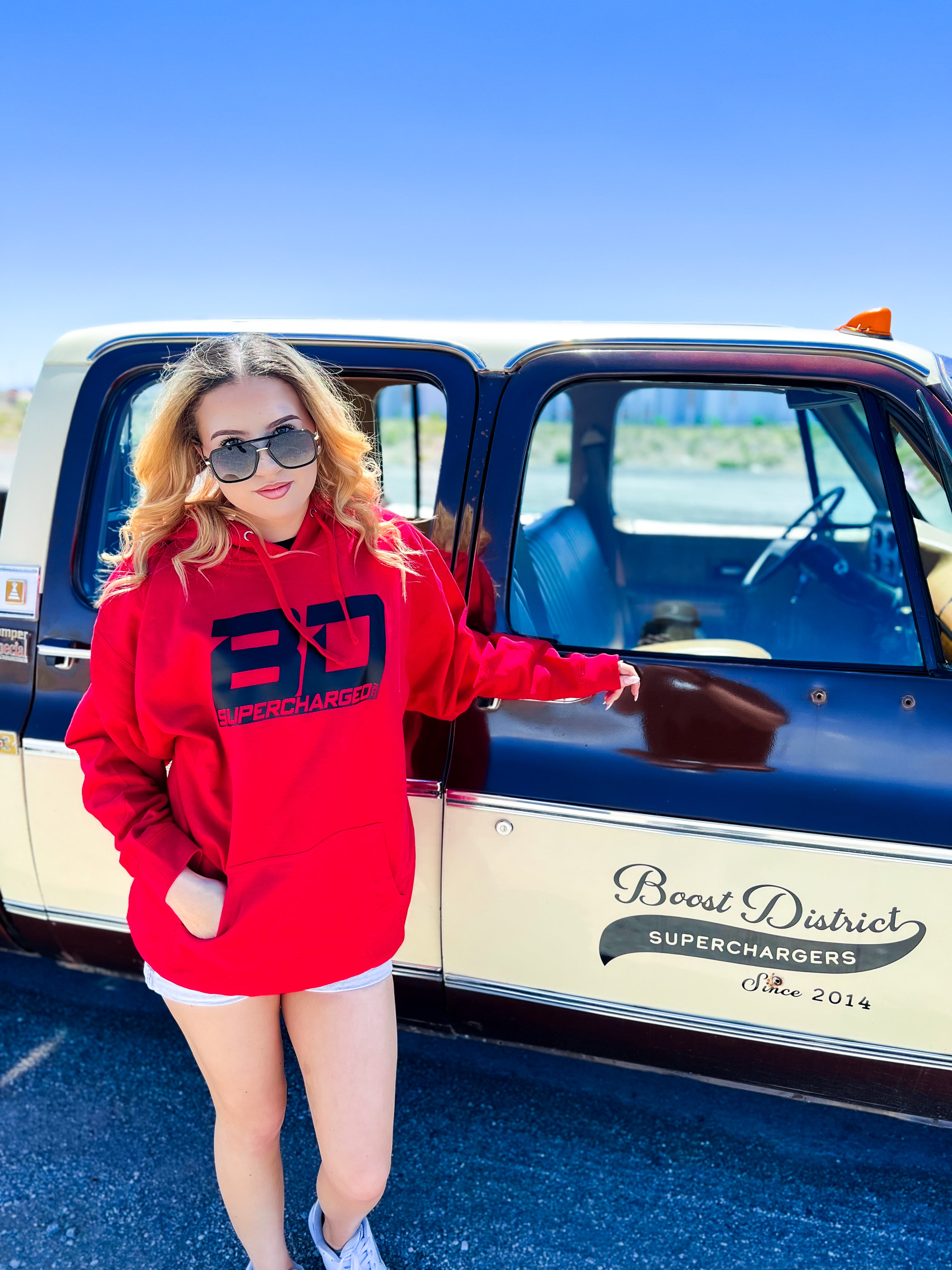 BoostDistrict Red Hoodie BD Logo