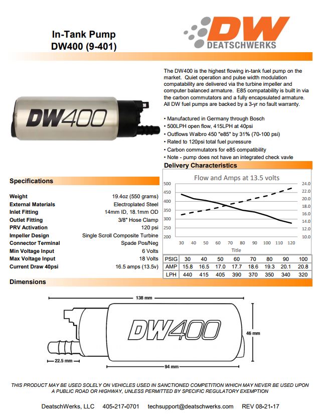 DW400 HIGH VOLUME 415LPH UNIVERSAL FUEL PUMP